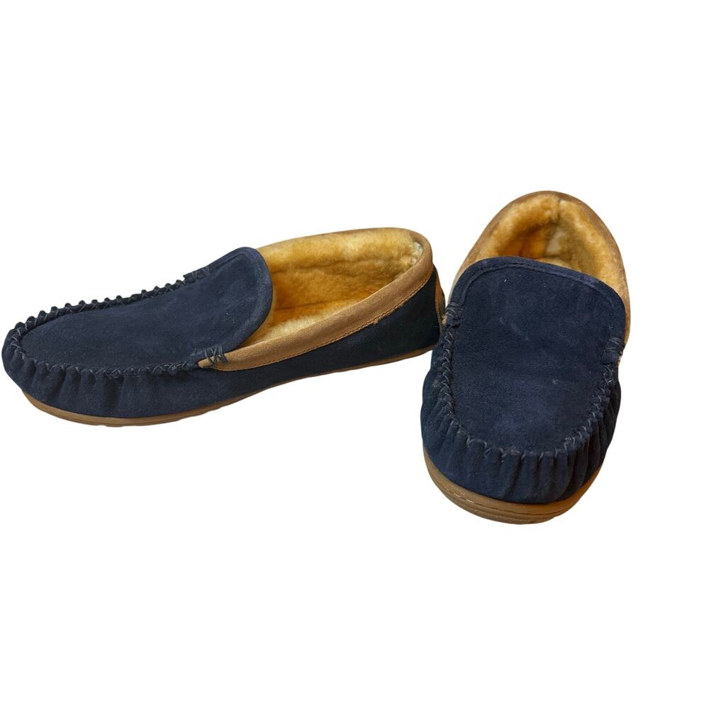 L.L.Bean Wicked Good Venetian Slippers Mens Sz 11 Navy/Saddle Suede Fur Moccasin